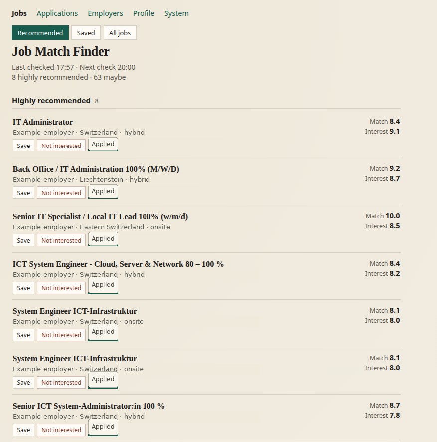 Job Match Finder recommended jobs list with Match and Interest scores; employer names anonymised