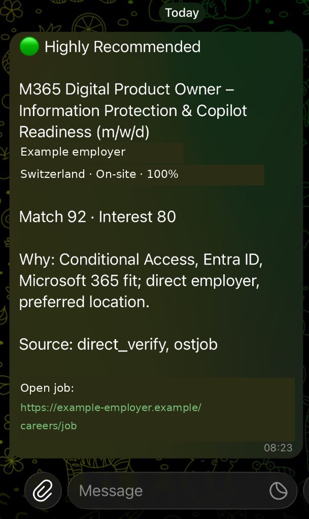 Telegram notification from Job Match Finder showing a highly recommended vacancy with Match and Interest scores; employer and link anonymised